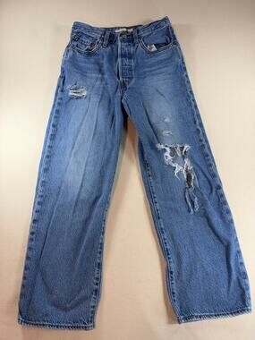 Levi's Ribcage Straight Ankle Jeans Women 27 Distressed High Rise Blue Denim